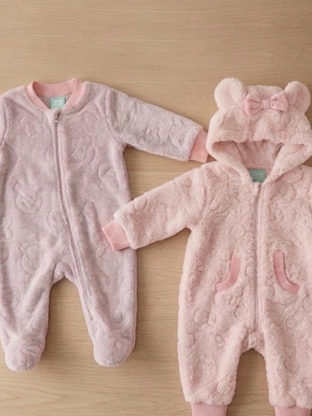 Disney Baby Girl blush pink Set of 2 Plush Fleece Onesies / Rompers